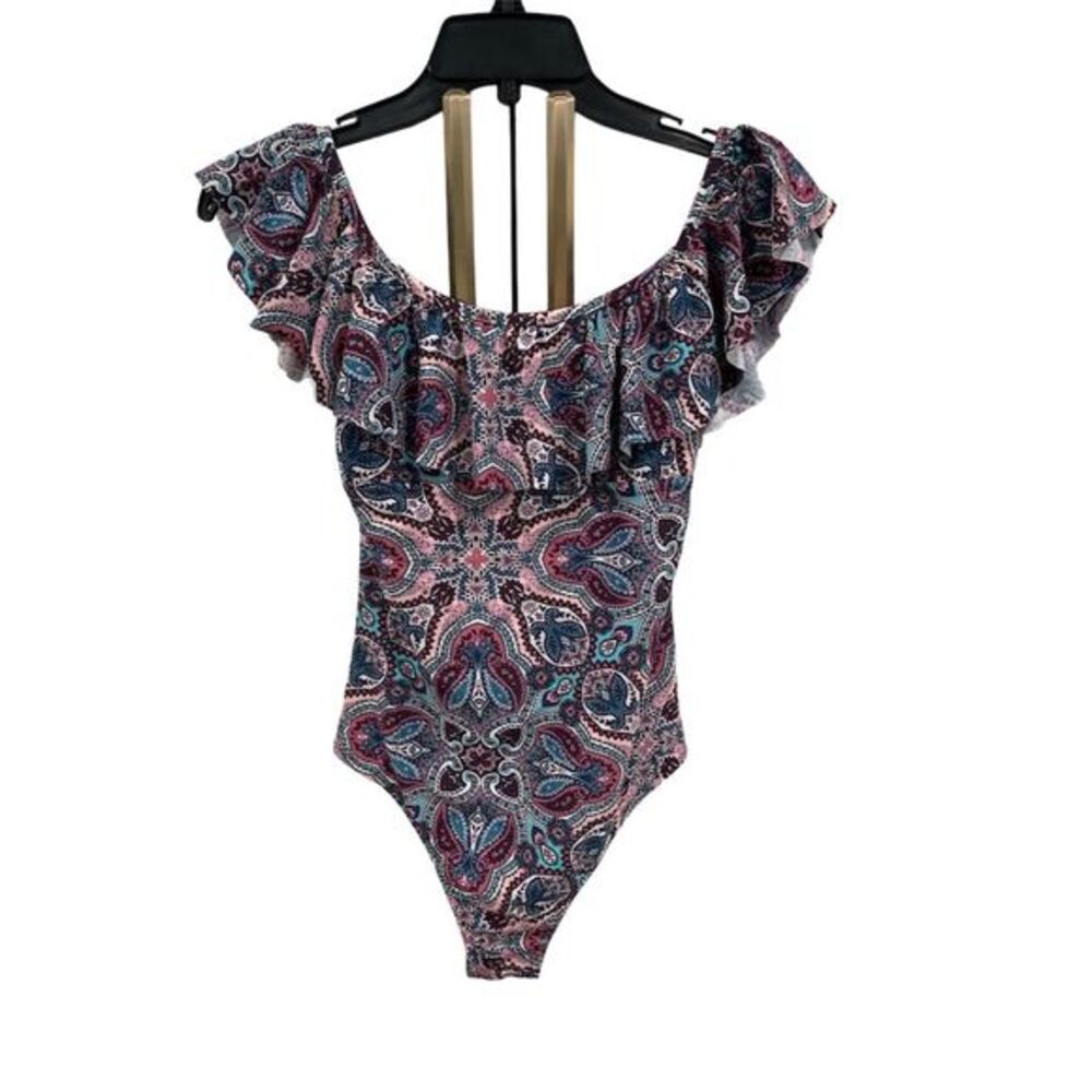 Altar'd State Women's Pink Paisley Ruffle‎ One-Piece Swimsuit Size S